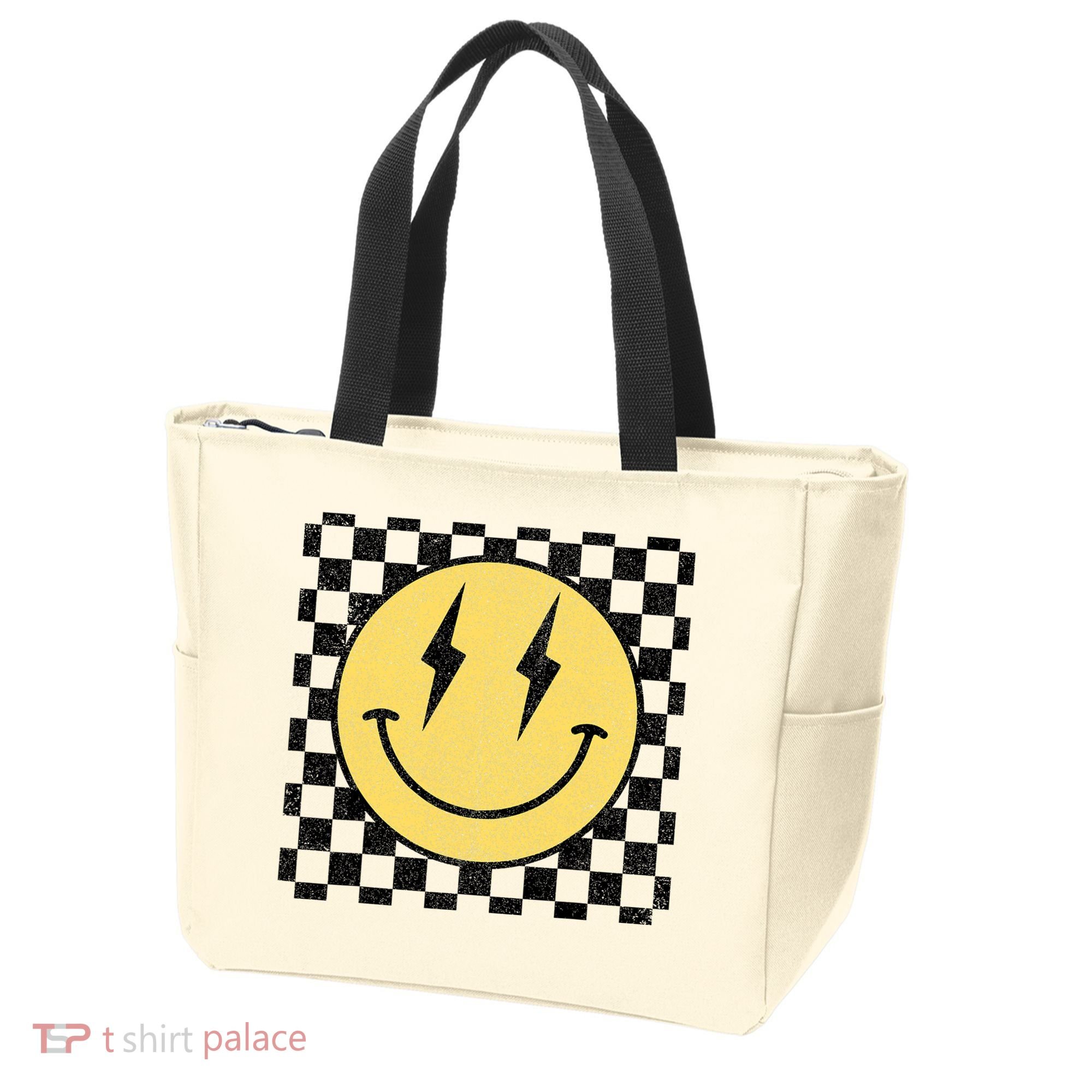 Retro Happy Face Checkered Pattern Smile Face Tote Bag