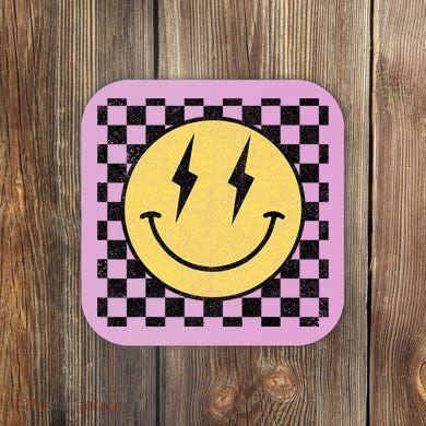 Retro Happy Face Checkered Pattern Smile Face Coaster