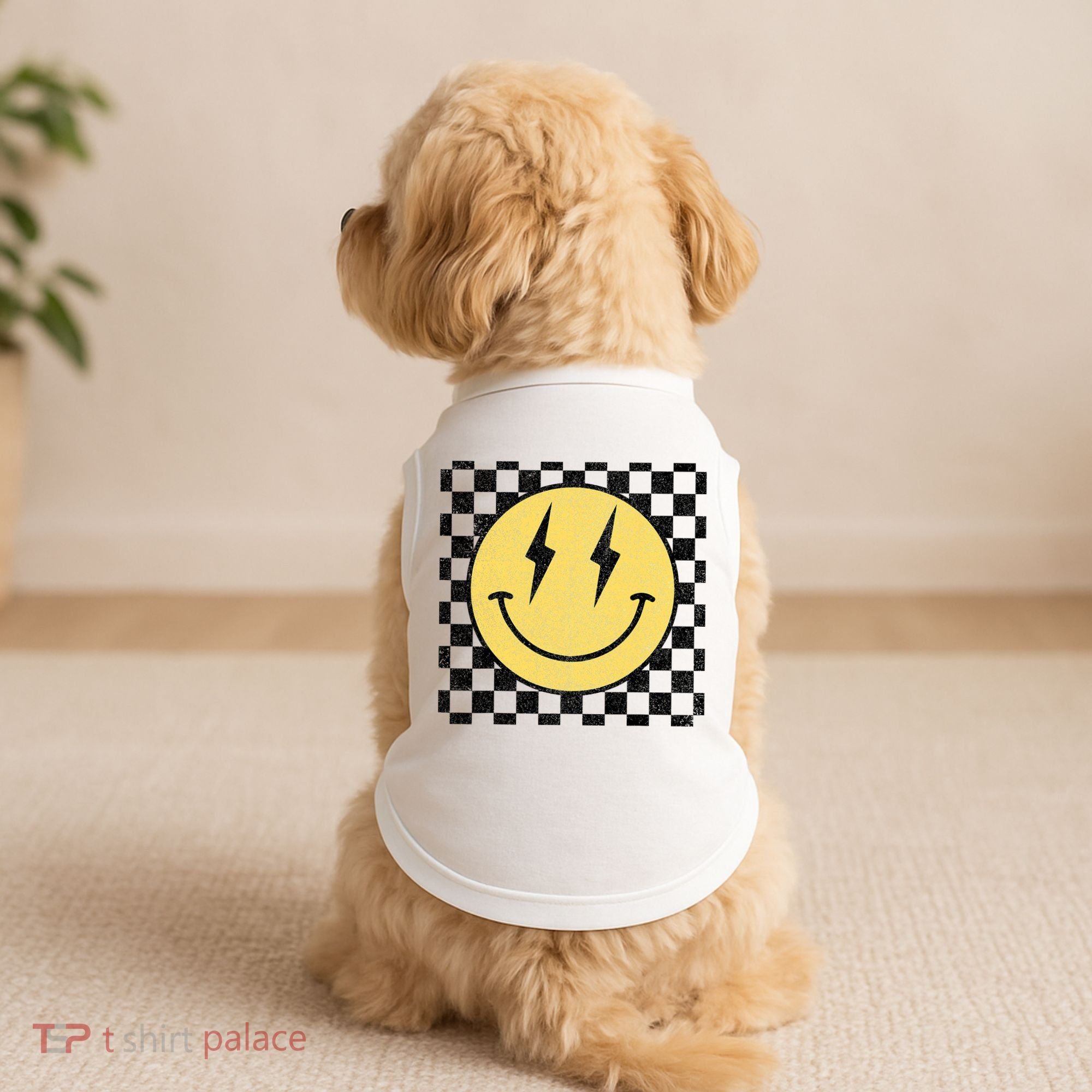 Retro Happy Face Checkered Pattern Smile Face Doggie Tank