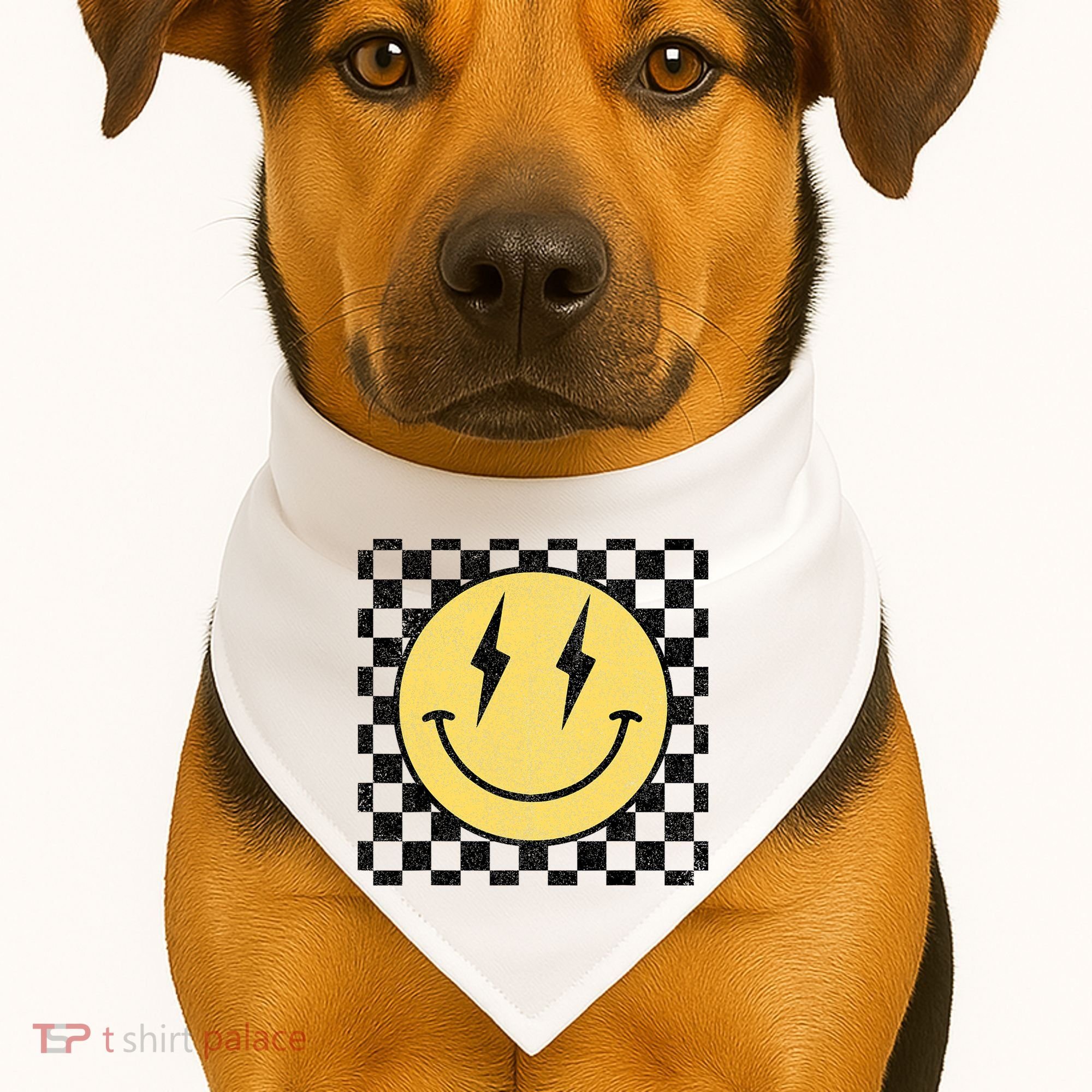 Retro Happy Face Checkered Pattern Smile Face USA-Made Doggie Bandana