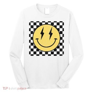 Retro Happy Face Checkered Pattern Smile Face Long Sleeve Shirt