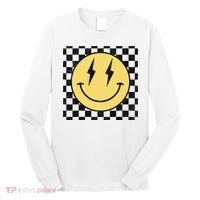 Retro Happy Face Checkered Pattern Smile Face Long Sleeve Shirt thumb 0