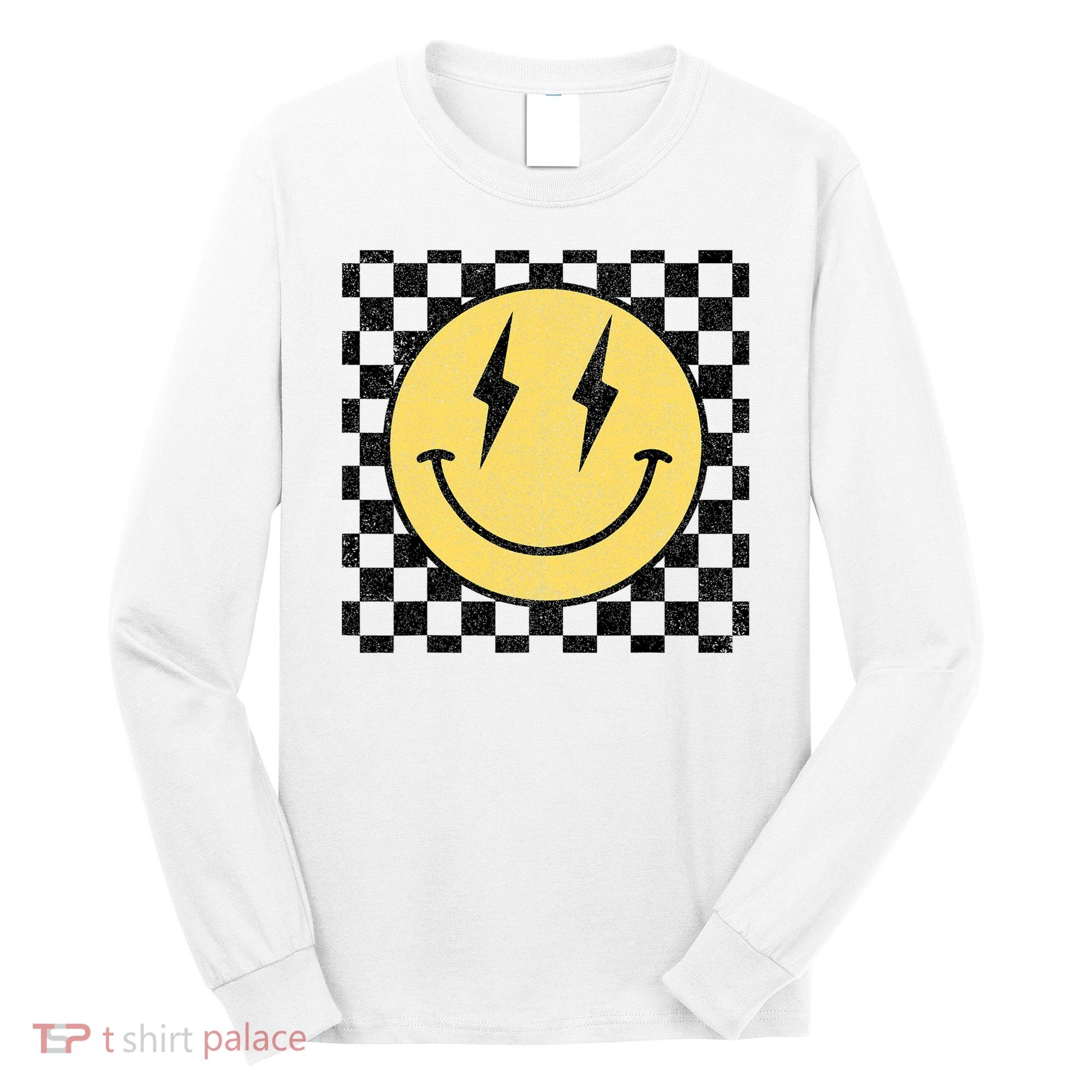 Retro Happy Face Checkered Pattern Smile Face Long Sleeve Shirt