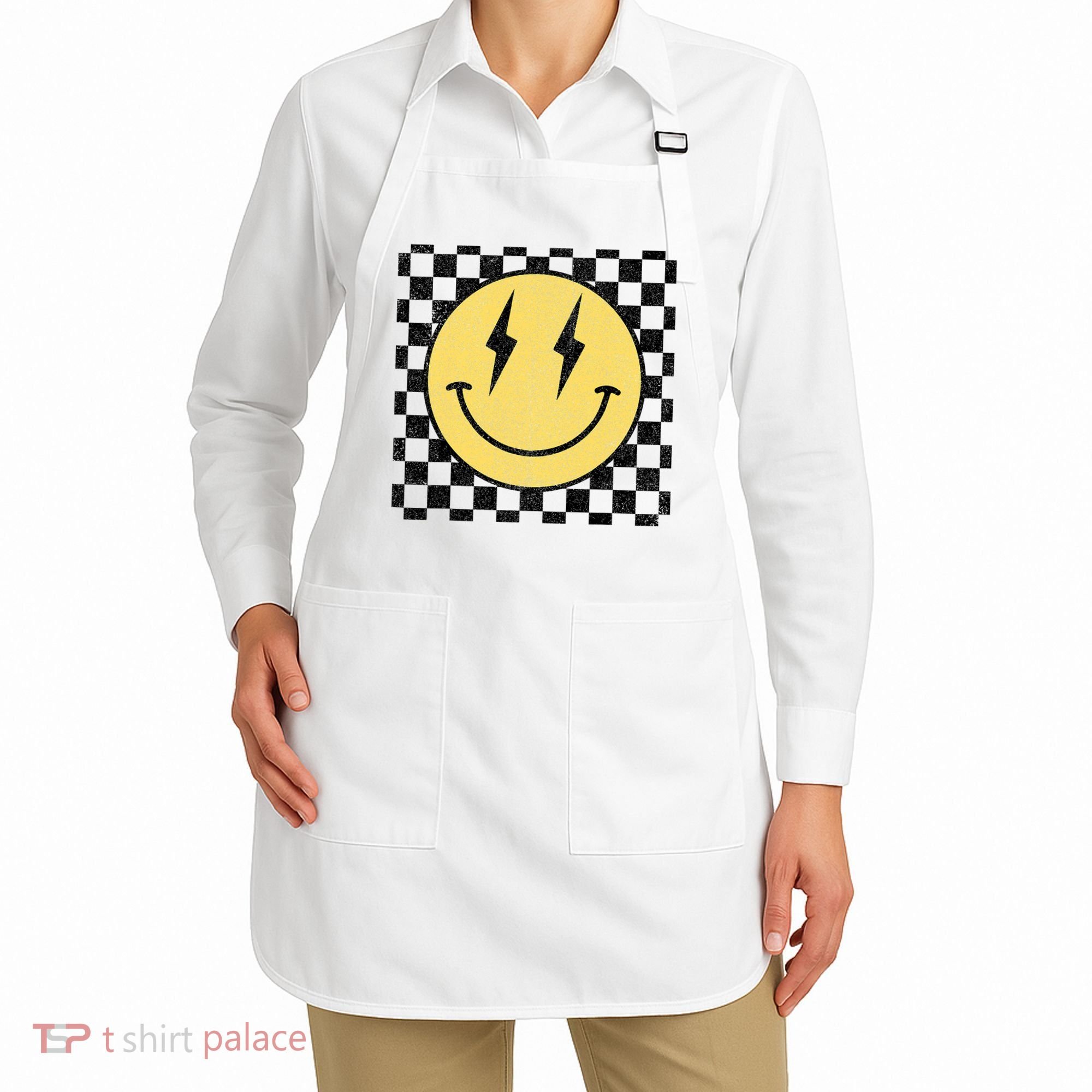 Retro Happy Face Checkered Pattern Smile Face Apron