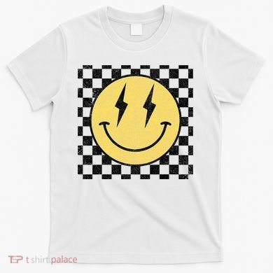 Retro Happy Face Checkered Pattern Smile Face T-Shirt
