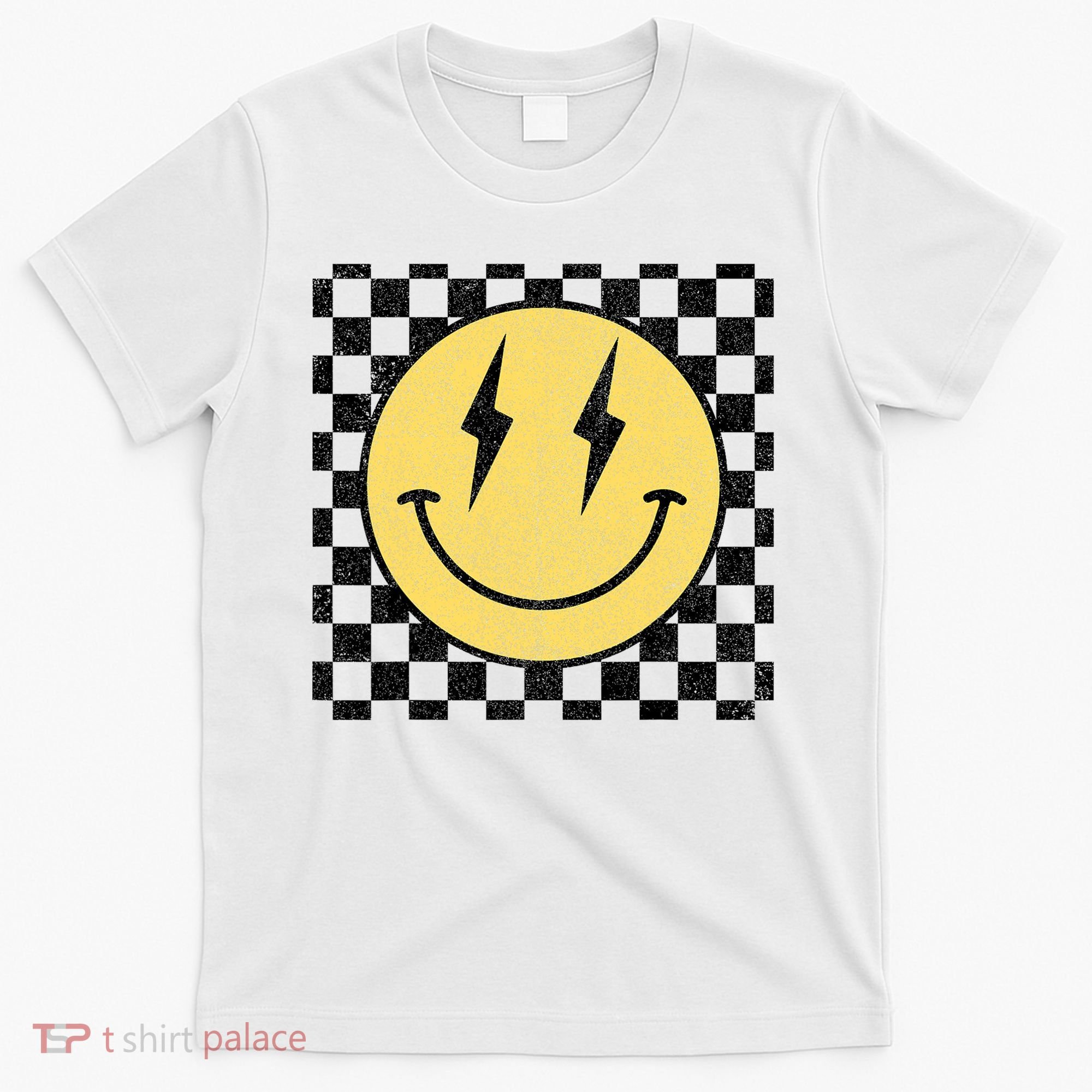 Retro Happy Face Checkered Pattern Smile Face T-Shirt