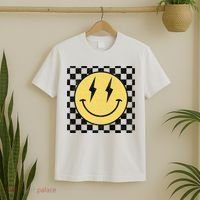 Retro Happy Face Checkered Pattern Smile Face T-Shirt thumb 2
