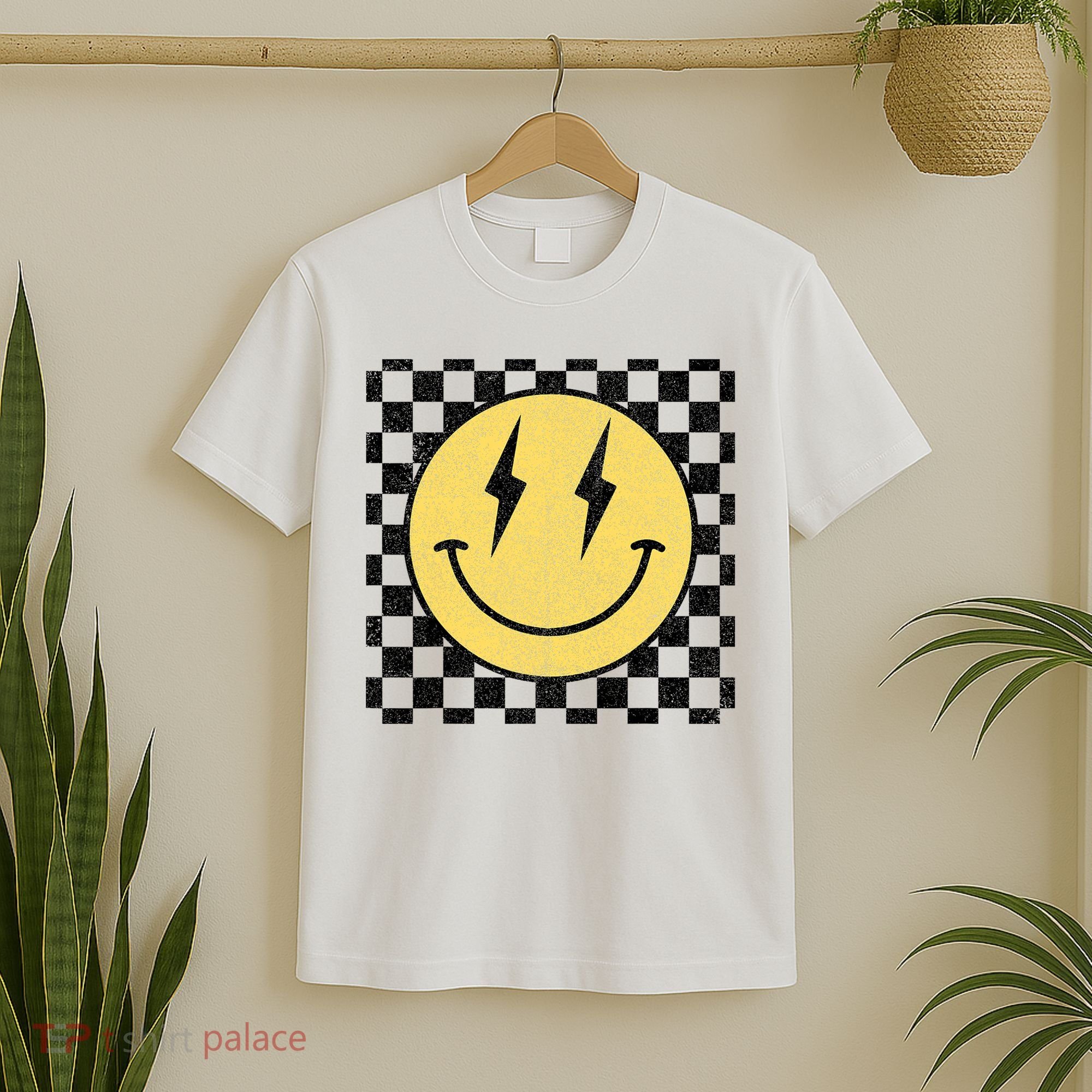 Retro Happy Face Checkered Pattern Smile Face T-Shirt