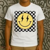 Retro Happy Face Checkered Pattern Smile Face T-Shirt thumb 3