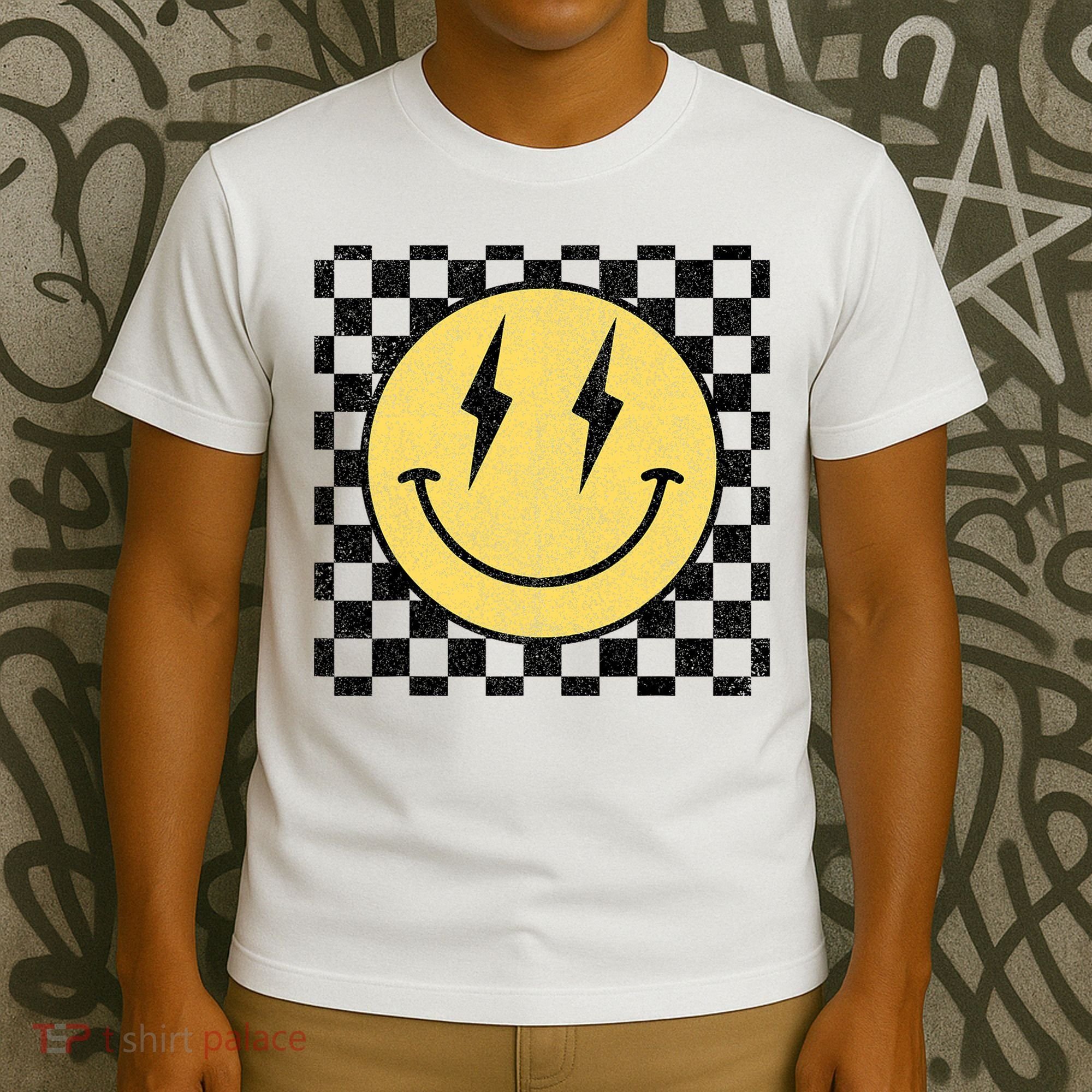 Retro Happy Face Checkered Pattern Smile Face T-Shirt