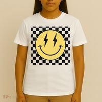 Retro Happy Face Checkered Pattern Smile Face T-Shirt thumb 4