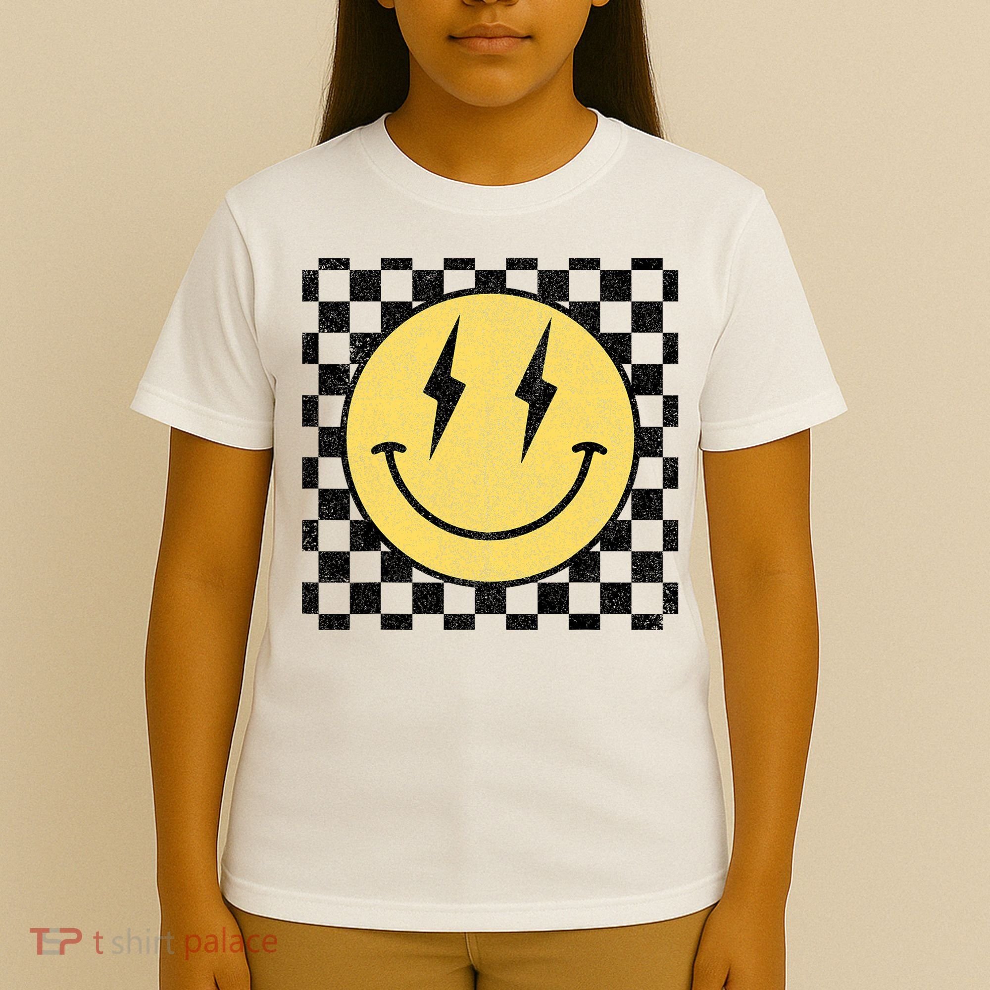Retro Happy Face Checkered Pattern Smile Face T-Shirt