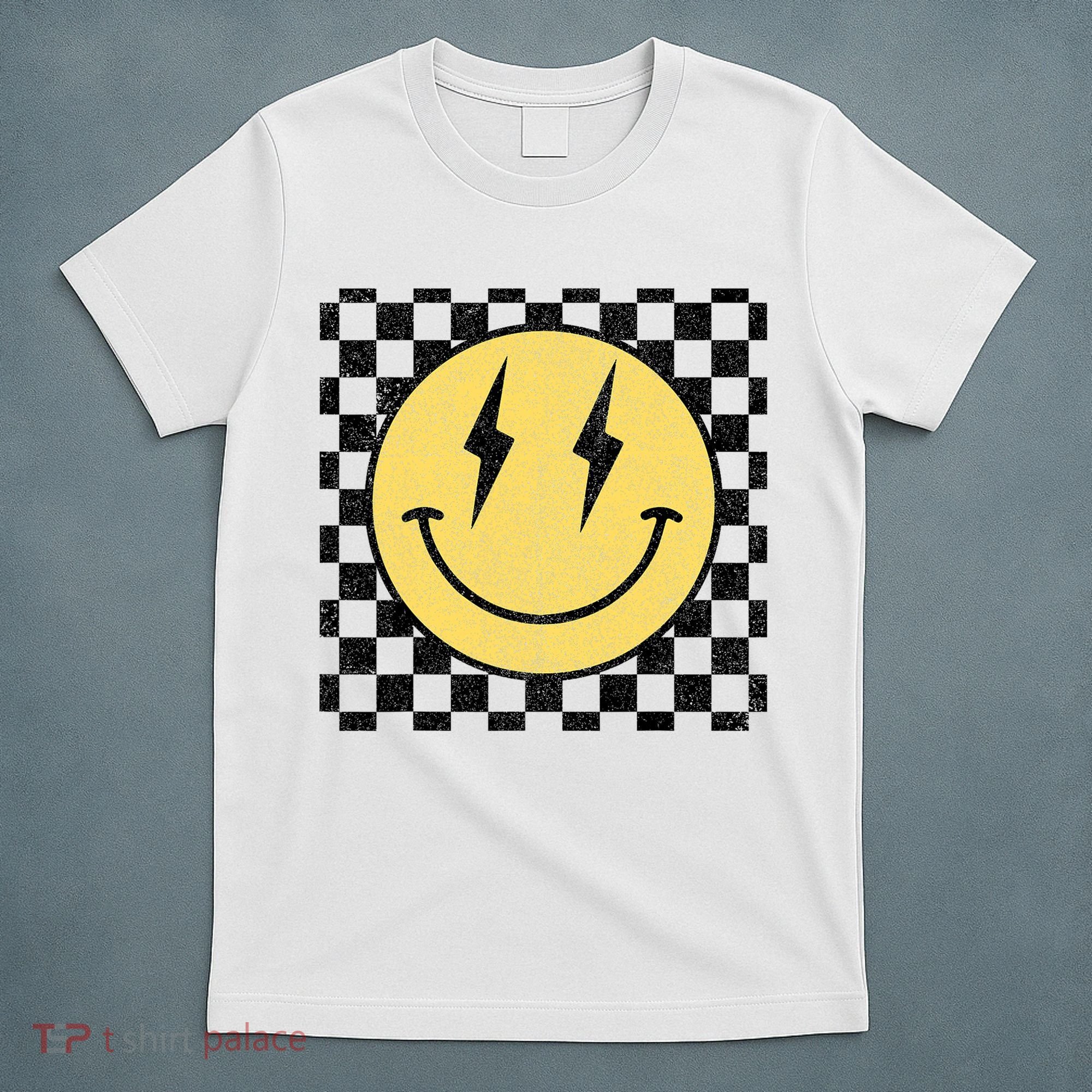 Retro Happy Face Checkered Pattern Smile Face T-Shirt