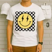 Retro Happy Face Checkered Pattern Smile Face T-Shirt thumb 6