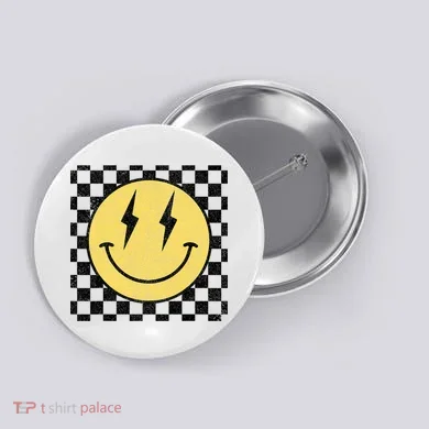 Retro Happy Face Checkered Pattern Smile Face Button