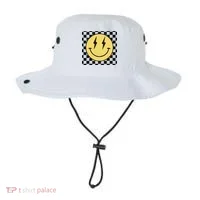 Retro Happy Face Checkered Pattern Smile Face Bucket Hat thumb 0