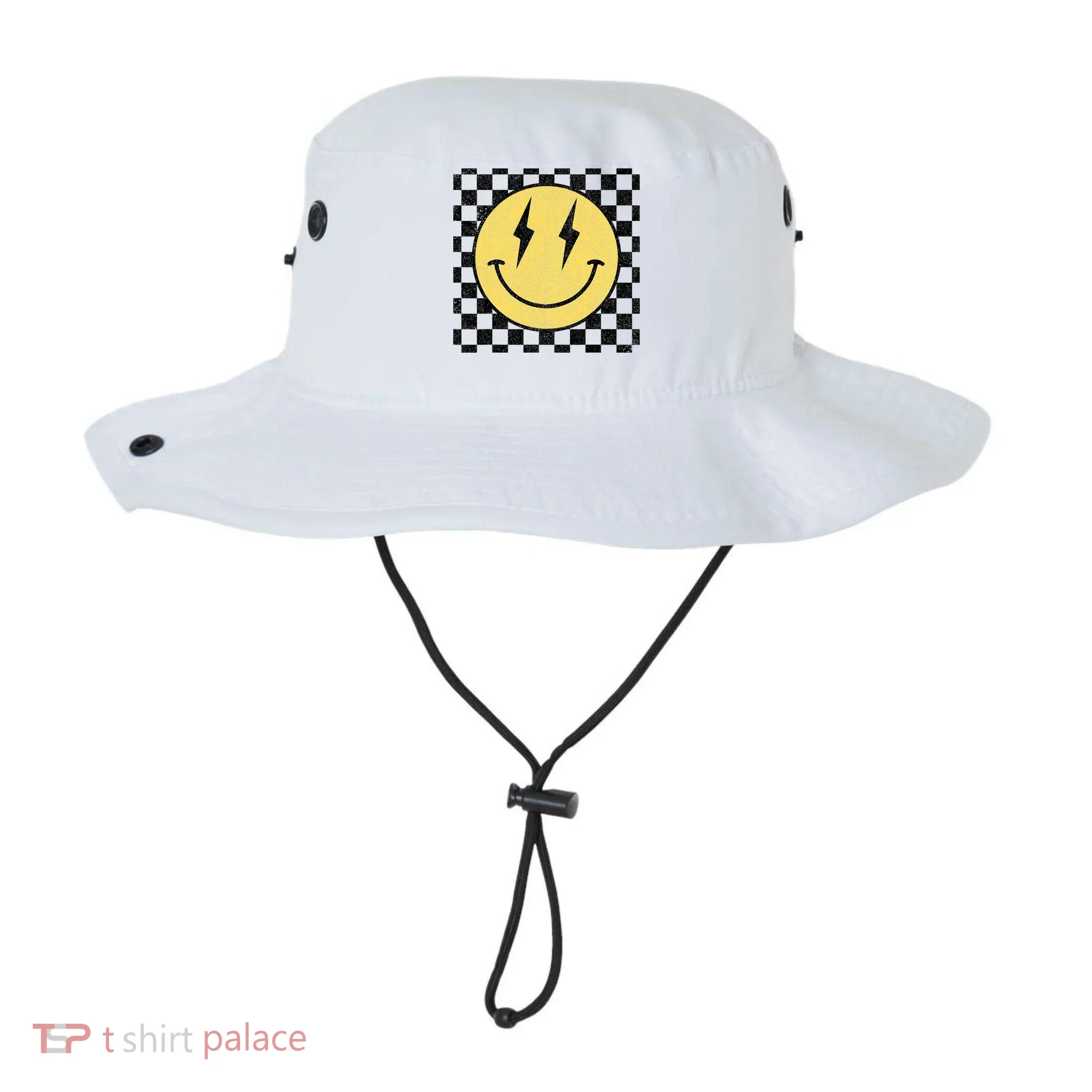 Retro Happy Face Checkered Pattern Smile Face Bucket Hat