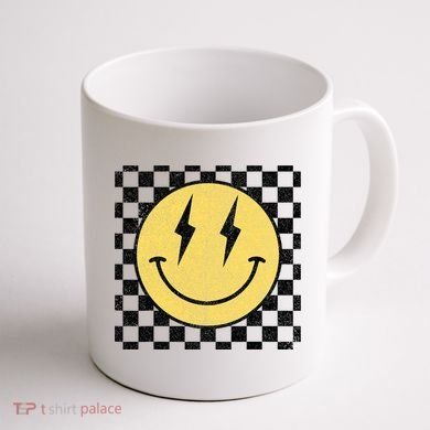 Retro Happy Face Checkered Pattern Smile Face Coffee Mug back