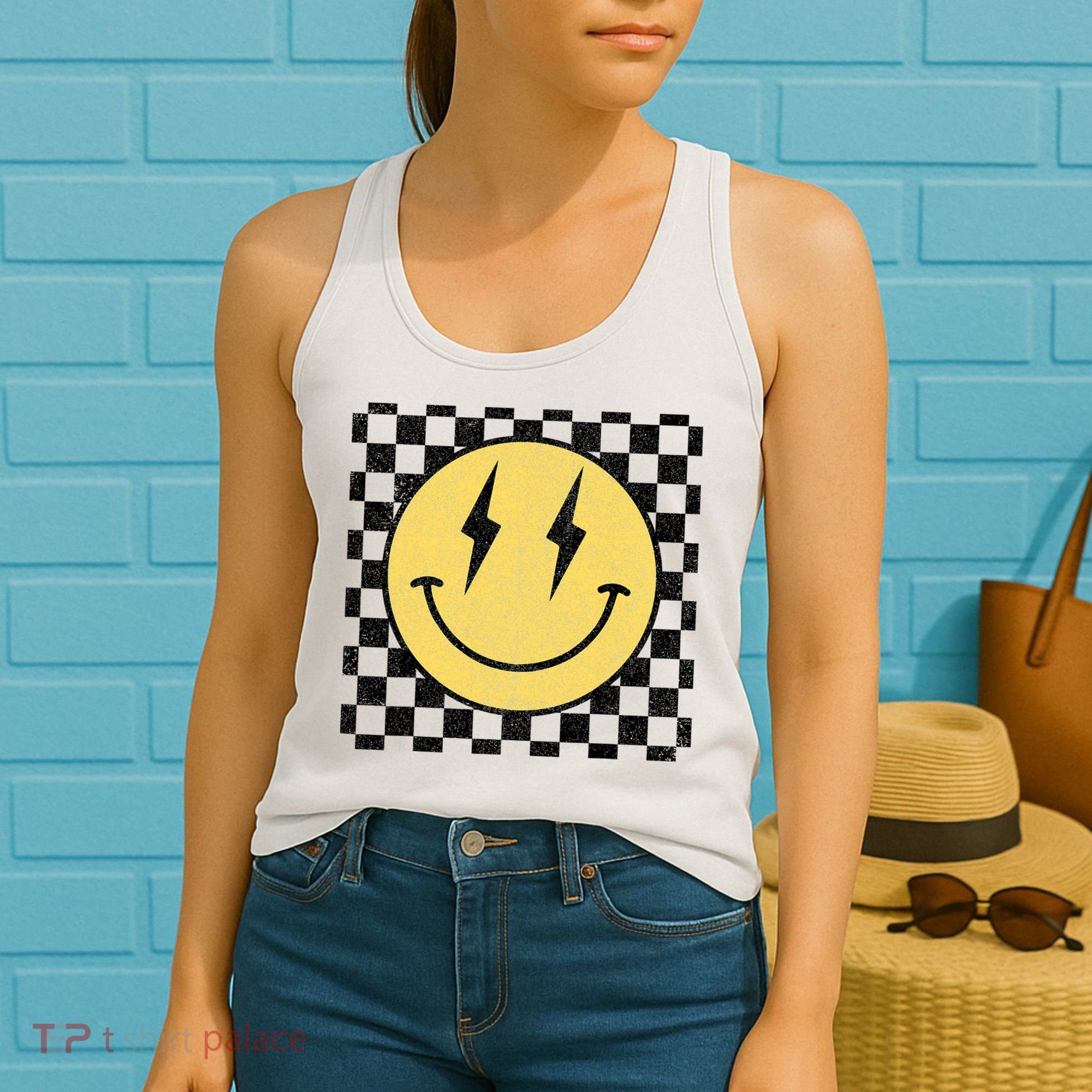 Retro Happy Face Checkered Pattern Smile Face Women's Tank Top
