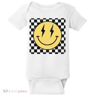 Retro Happy Face Checkered Pattern Smile Face Baby Bodysuit