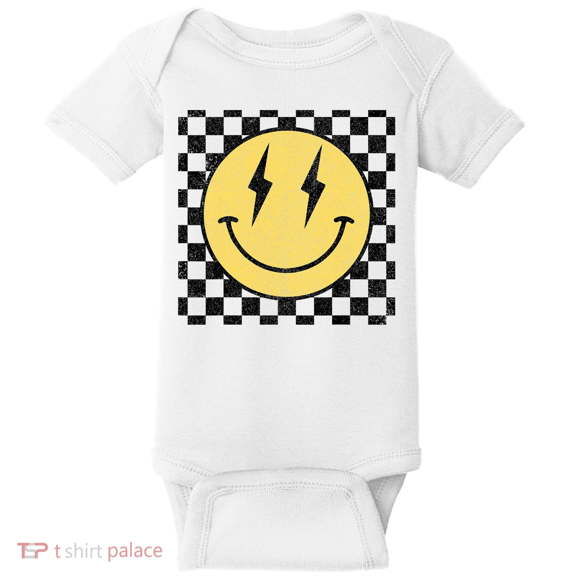 Retro Happy Face Checkered Pattern Smile Face Baby Bodysuit