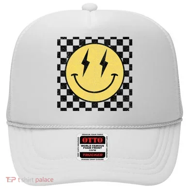 Retro Happy Face Checkered Pattern Smile Face Hat