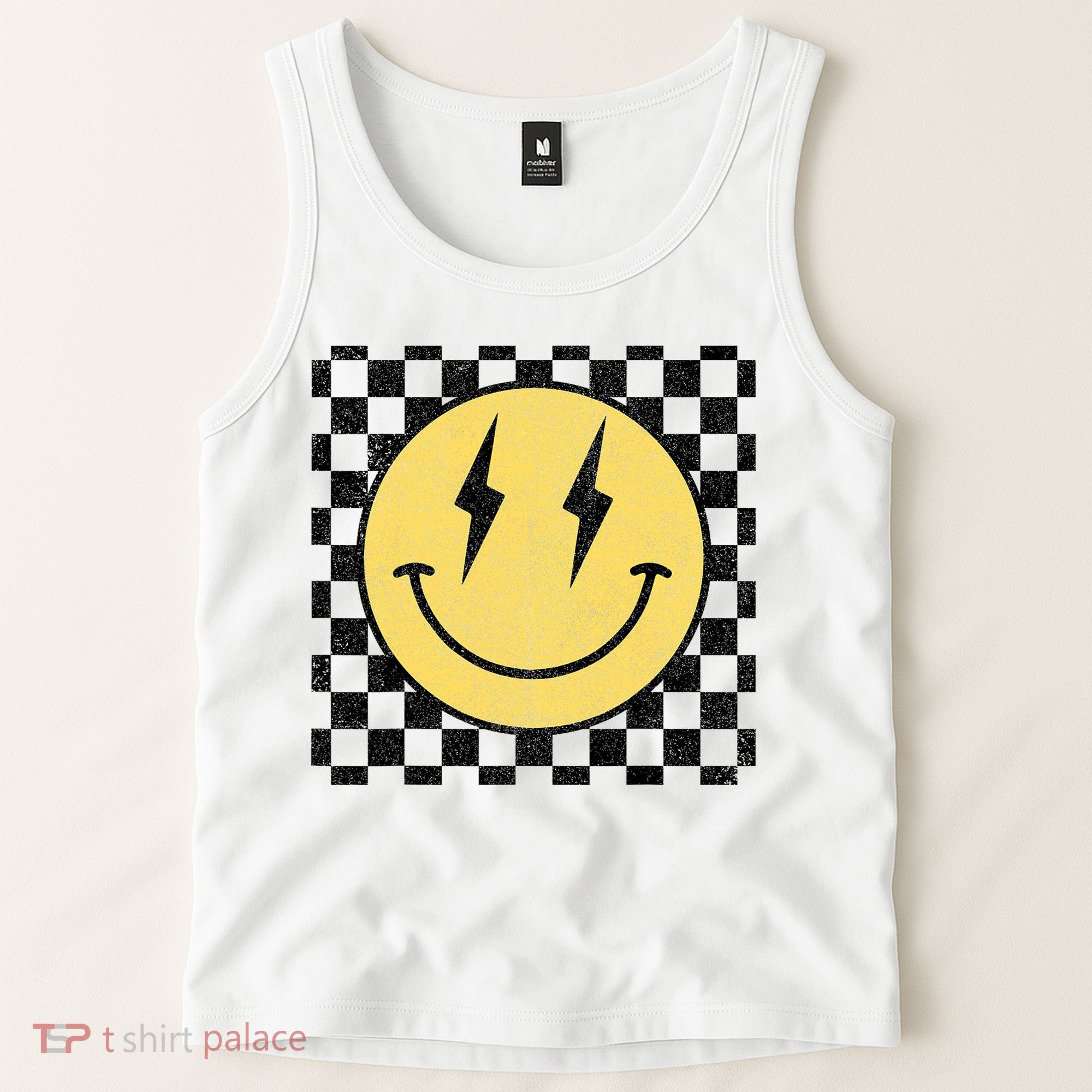 Retro Happy Face Checkered Pattern Smile Face Tank Top