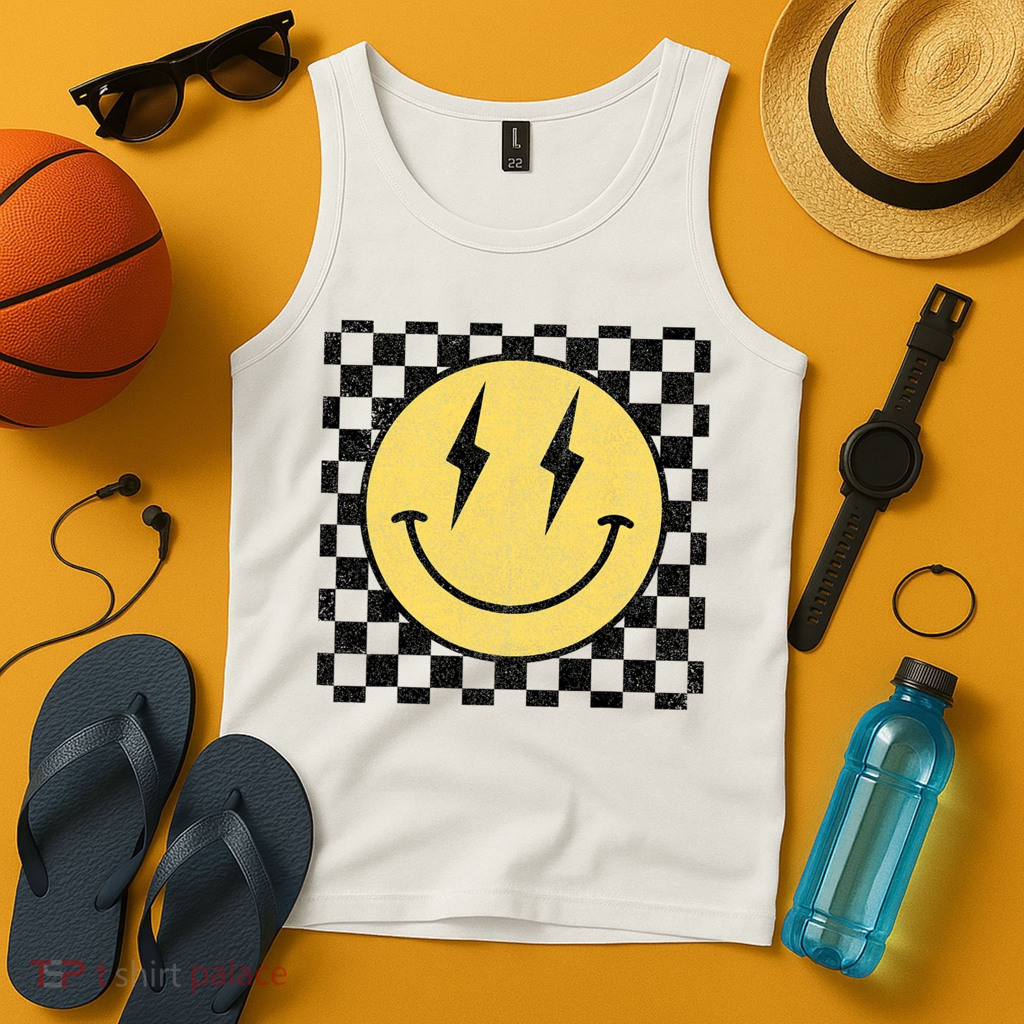 Retro Happy Face Checkered Pattern Smile Face Tank Top