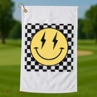 Retro Happy Face Checkered Pattern Smile Face Golf Towel thumb 1
