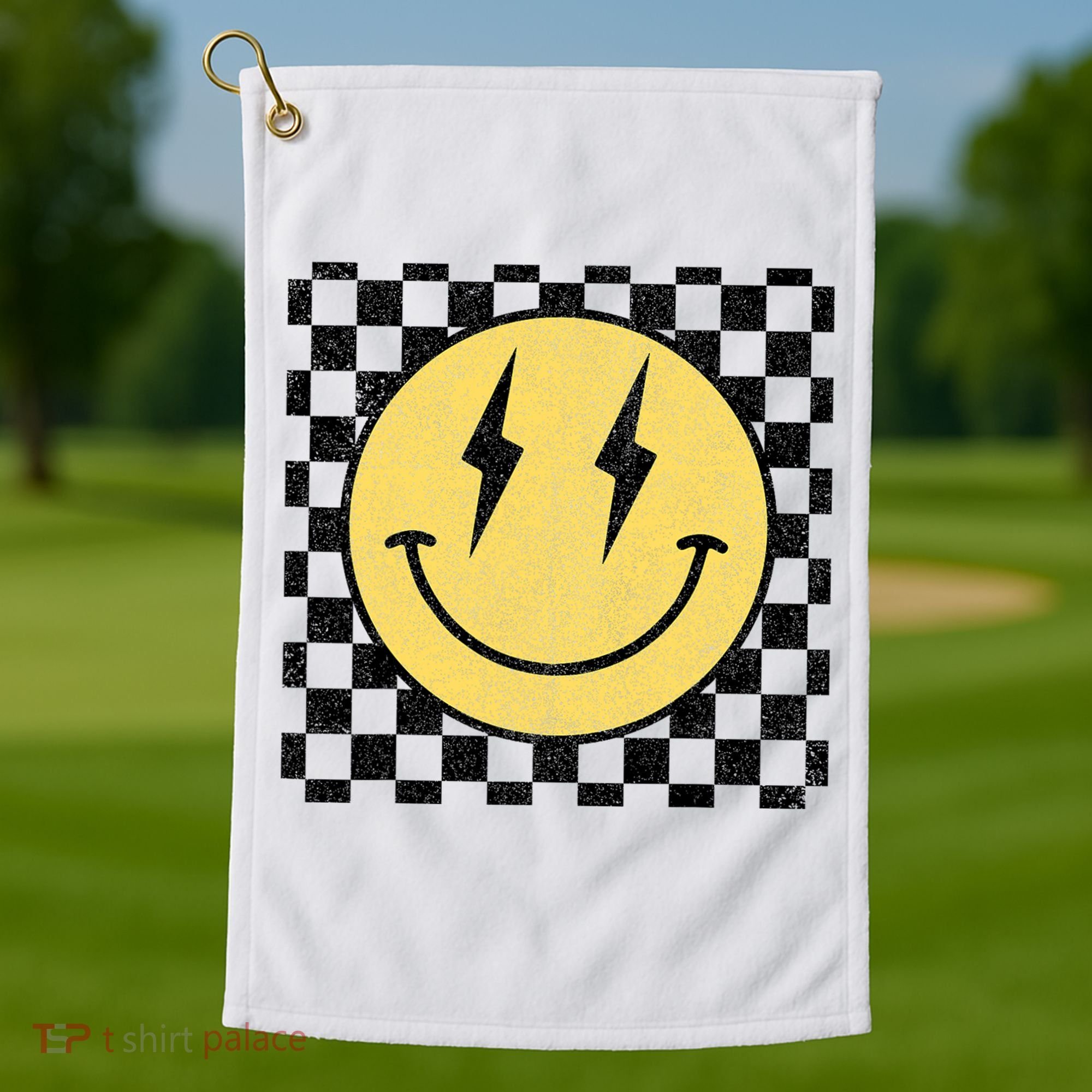 Retro Happy Face Checkered Pattern Smile Face Golf Towel