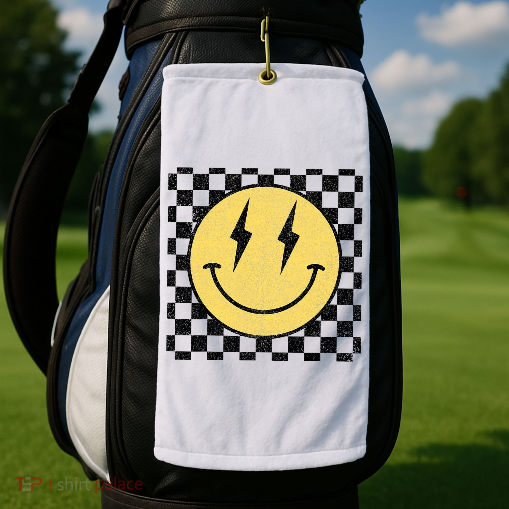 Retro Happy Face Checkered Pattern Smile Face Golf Towel