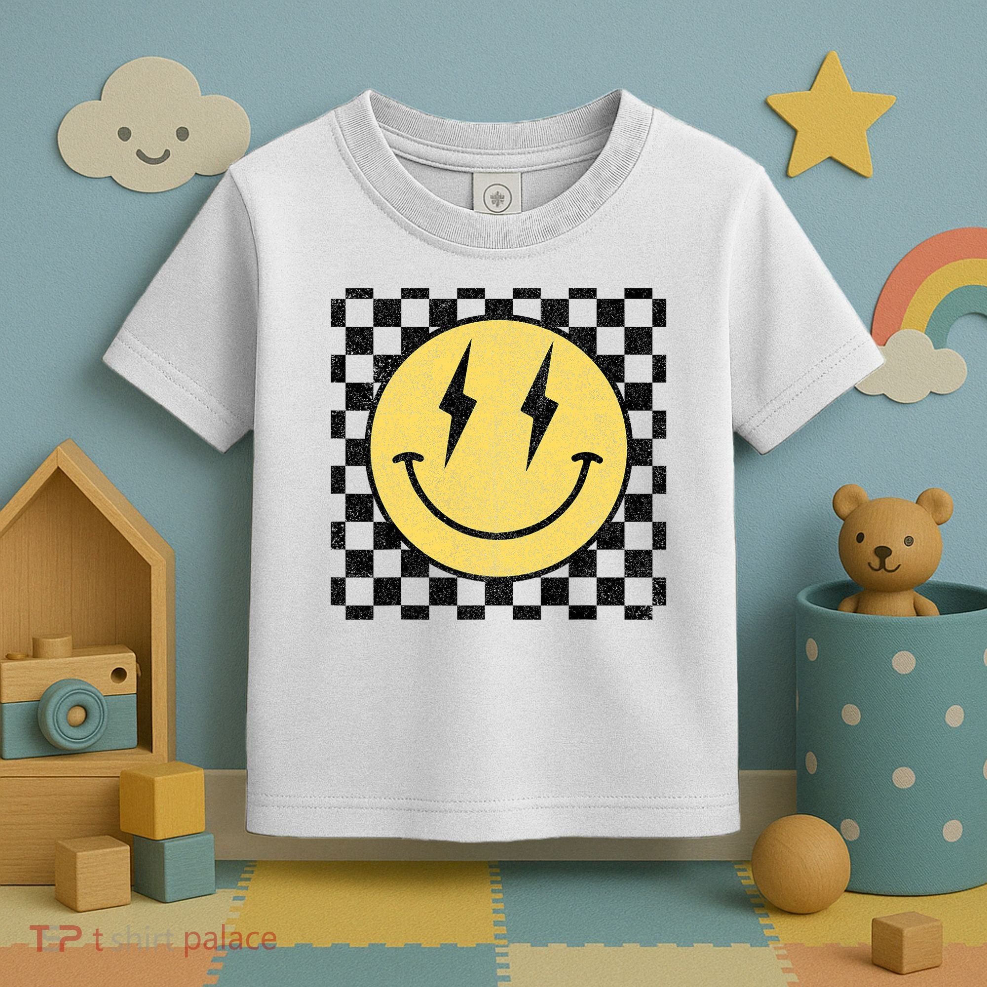 Retro Happy Face Checkered Pattern Smile Face Toddler T-Shirt