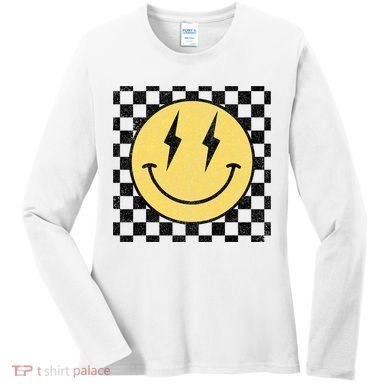 Retro Happy Face Checkered Pattern Smile Face Women's Long Sleeve Shirt