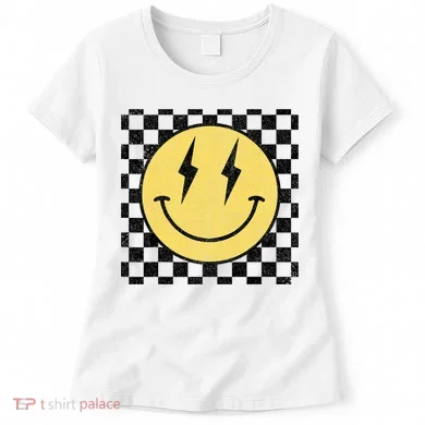 Retro Happy Face Checkered Pattern Smile Face Women's T-Shirt