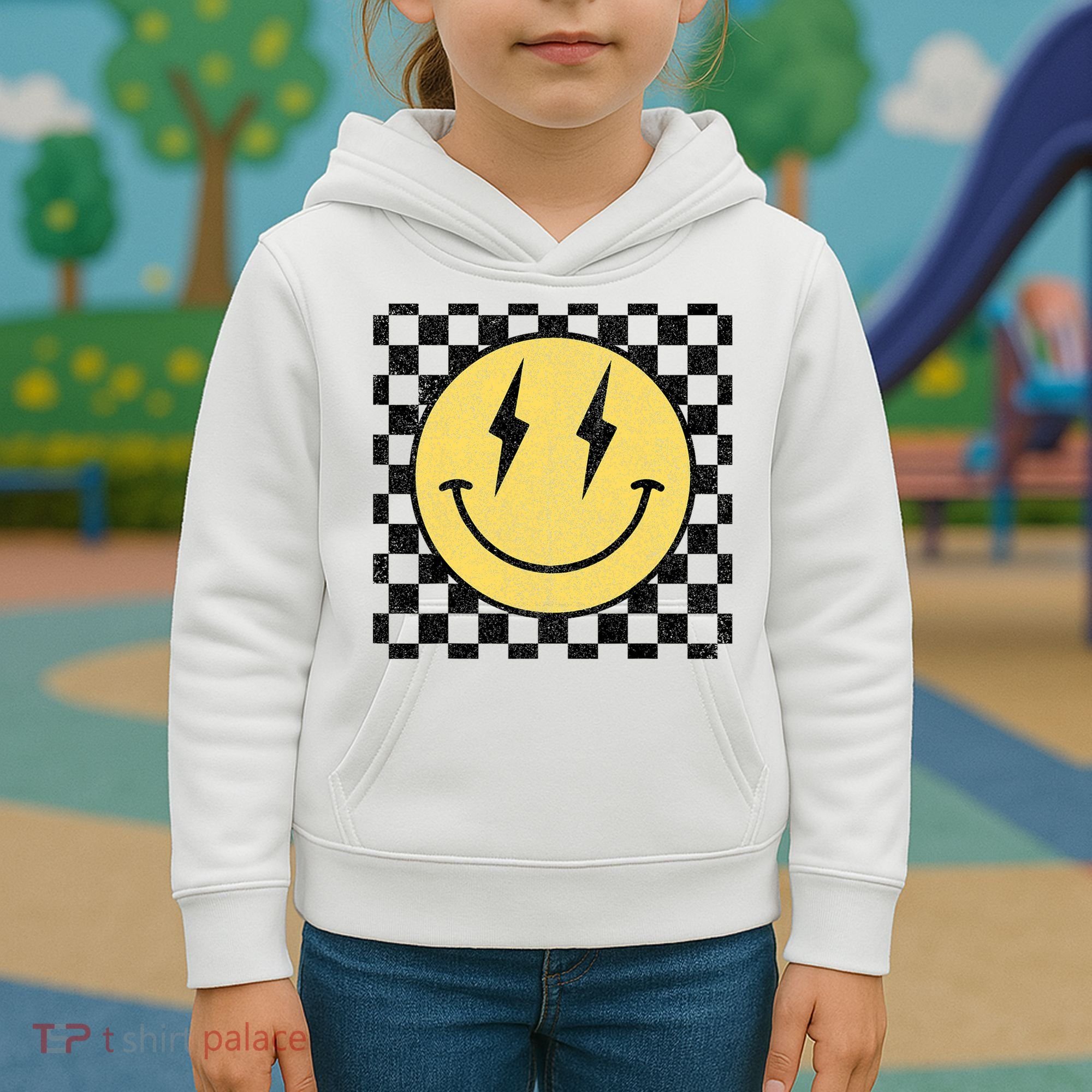 Retro Happy Face Checkered Pattern Smile Face Kids Hoodie