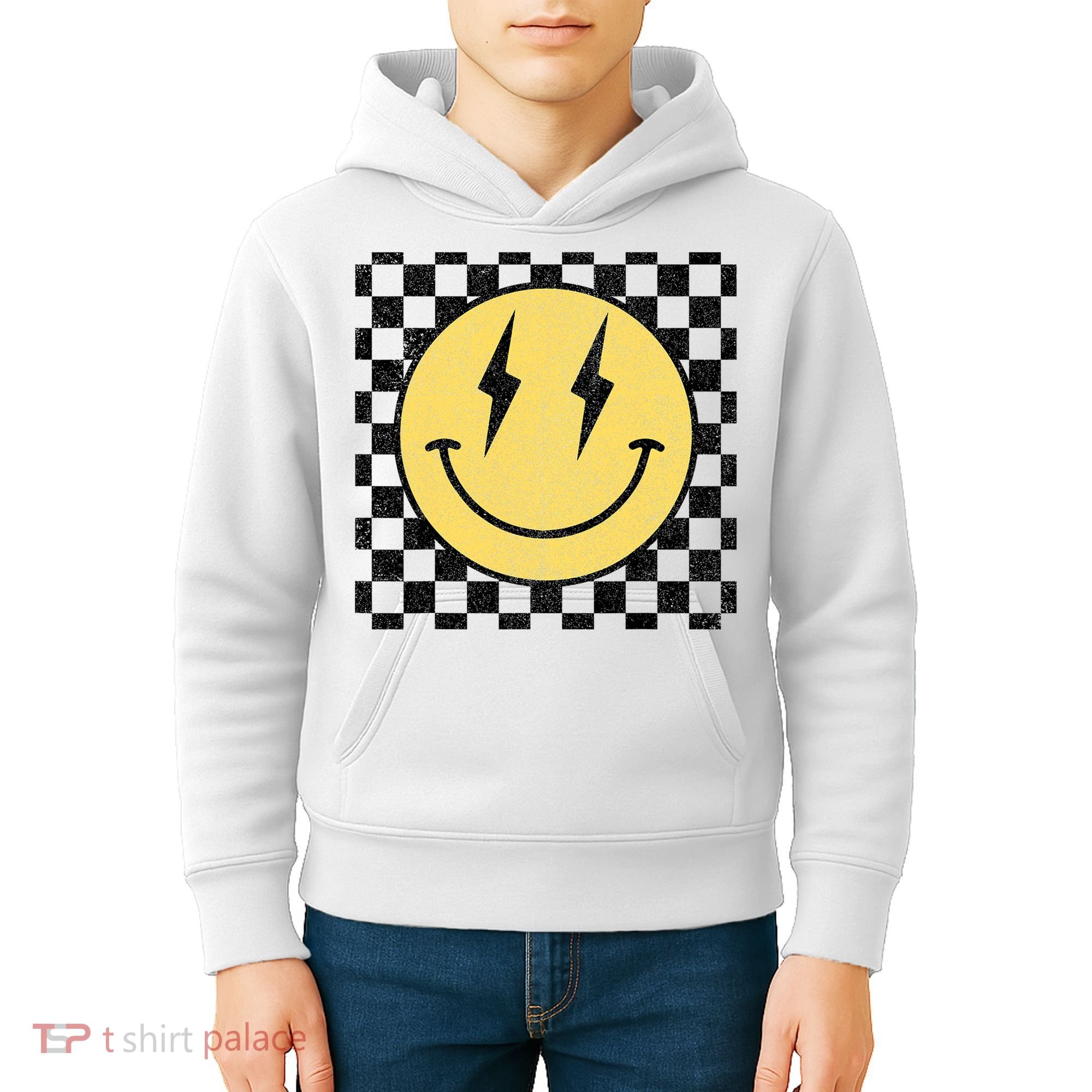 Retro Happy Face Checkered Pattern Smile Face Kids Hoodie