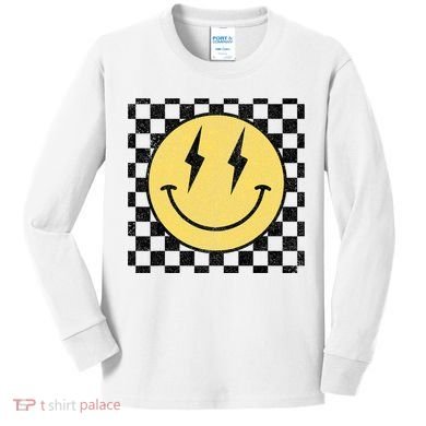 Retro Happy Face Checkered Pattern Smile Face Kids Long Sleeve Shirt