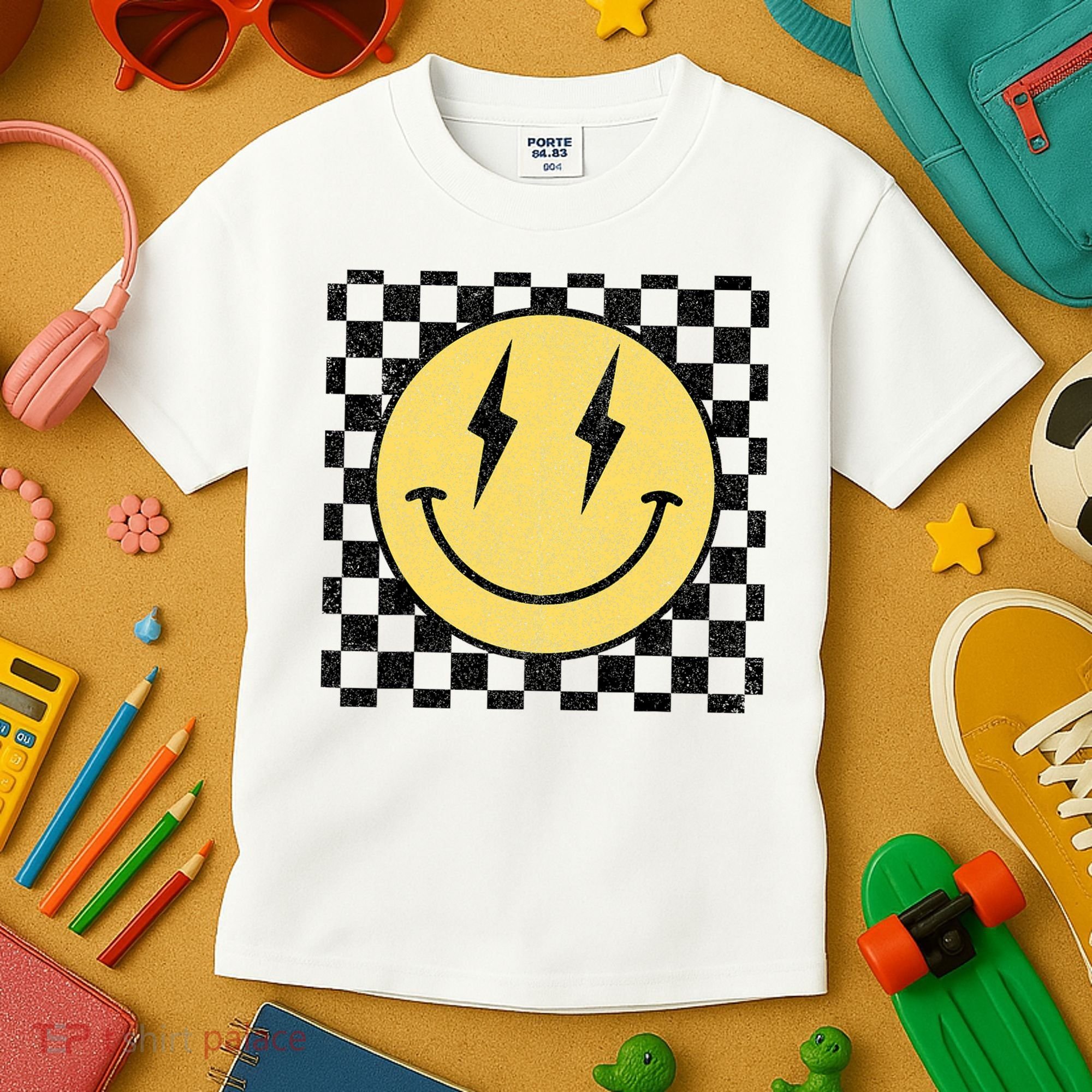Retro Happy Face Checkered Pattern Smile Face Kids T-Shirt