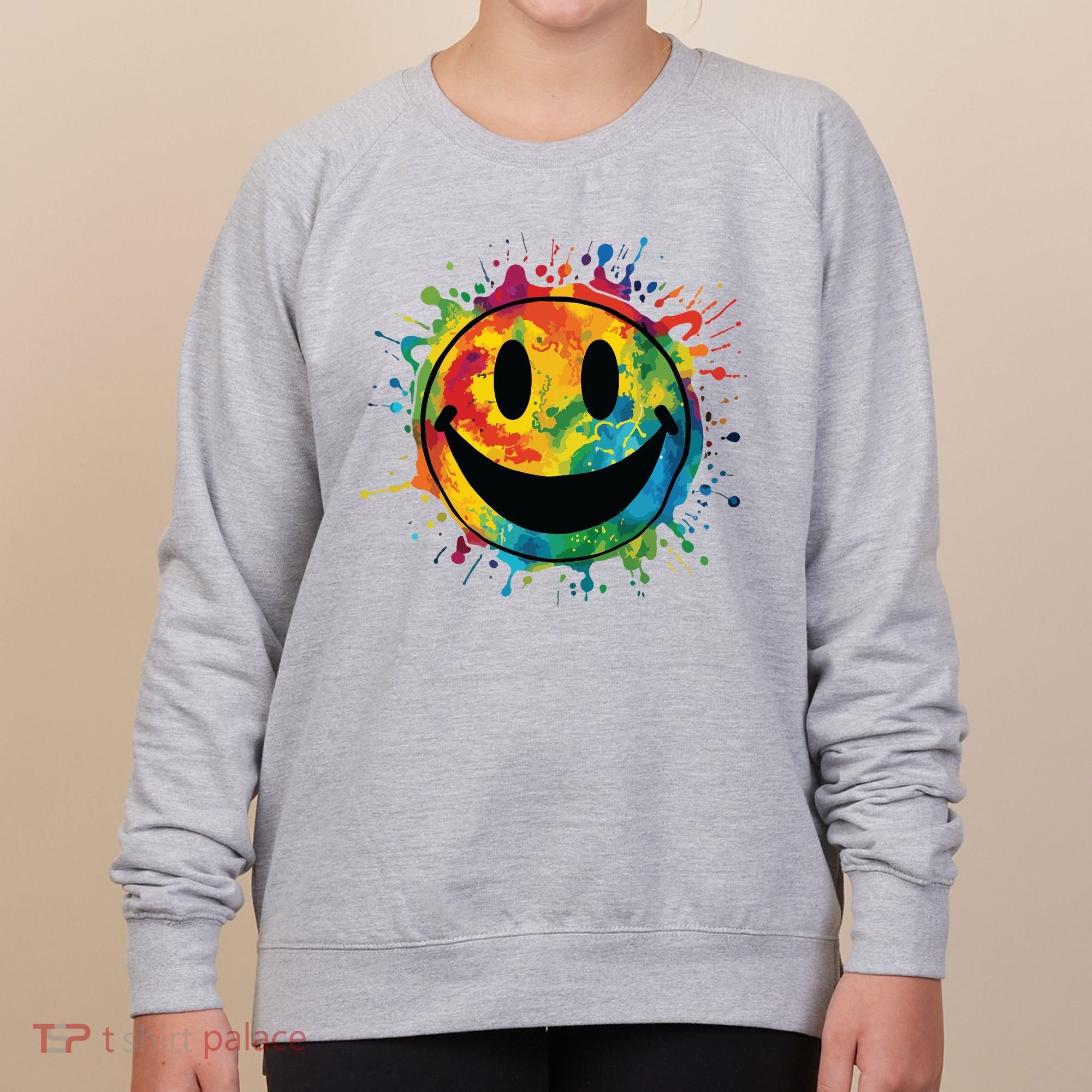 Retro Happy Face Rainbow Tiedye Splatter 70s Peace Smile Women's Sweatshirt