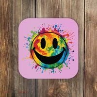 Retro Happy Face Rainbow Tiedye Splatter 70s Peace Smile Coaster thumb 0