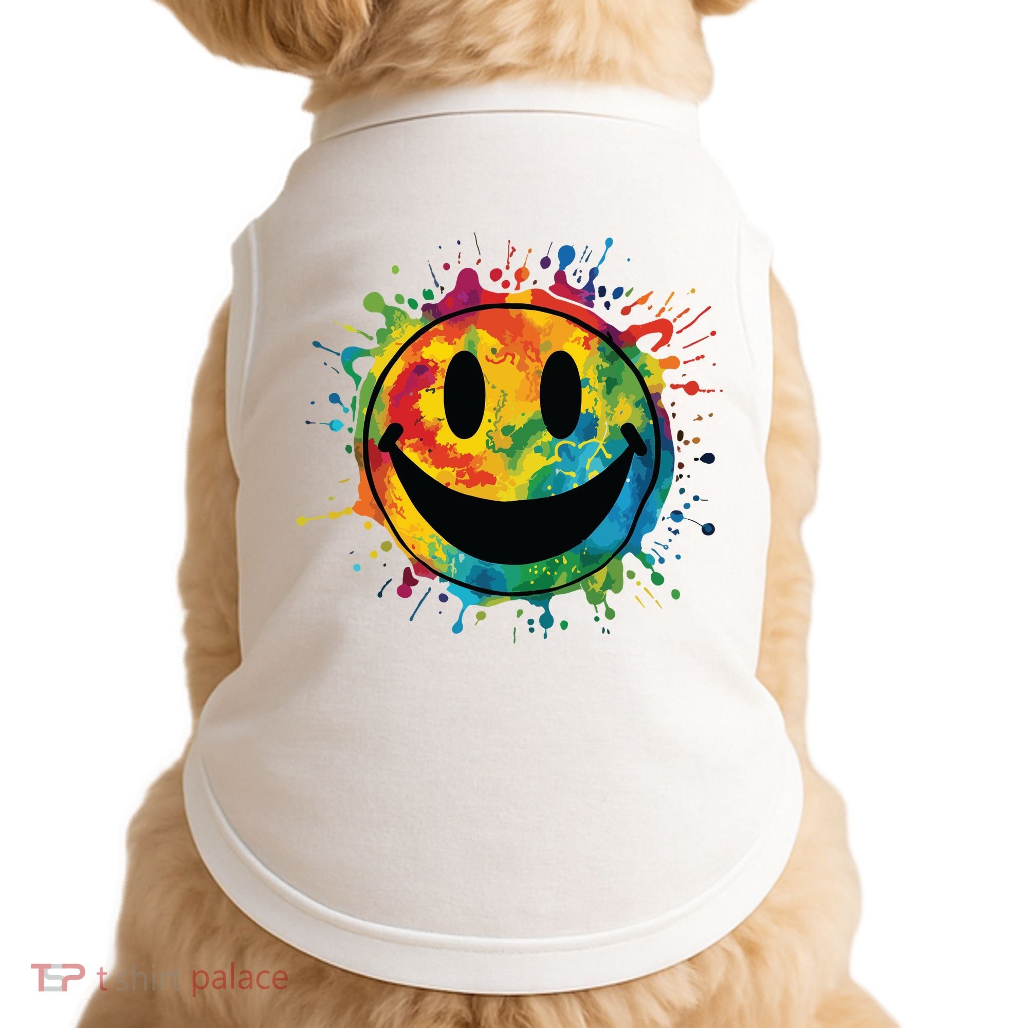 Retro Happy Face Rainbow Tiedye Splatter 70s Peace Smile Doggie Tank