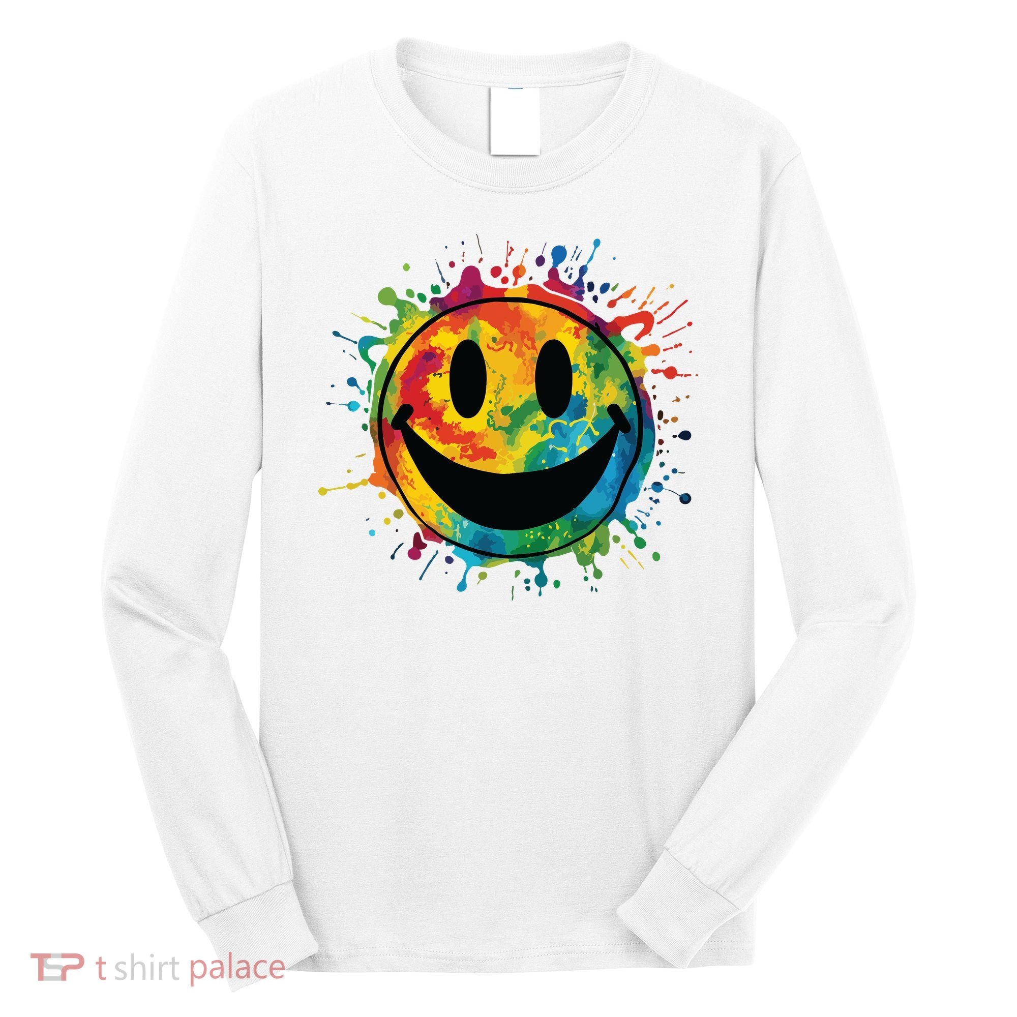 Retro Happy Face Rainbow Tiedye Splatter 70s Peace Smile Long Sleeve Shirt