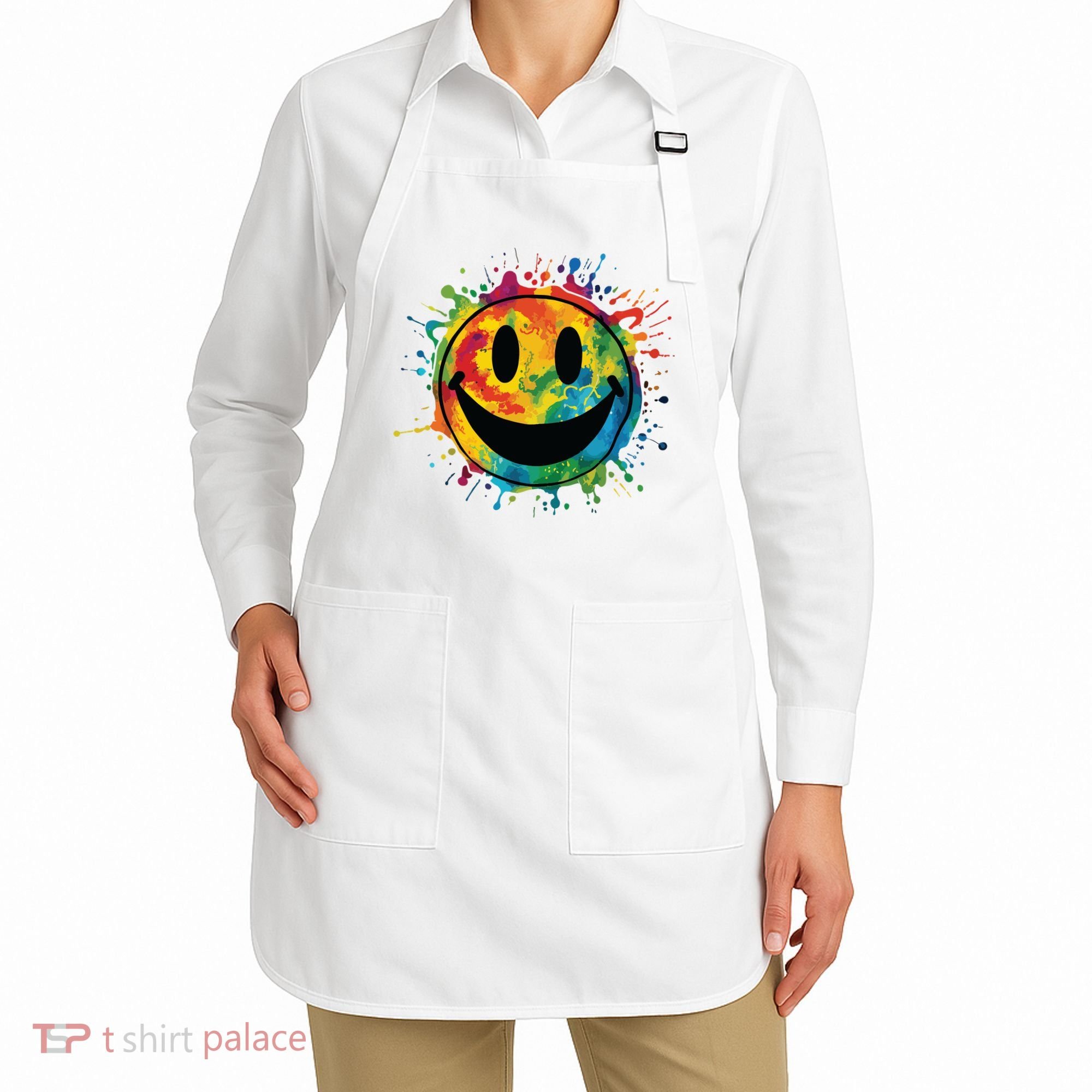 Retro Happy Face Rainbow Tiedye Splatter 70s Peace Smile Apron
