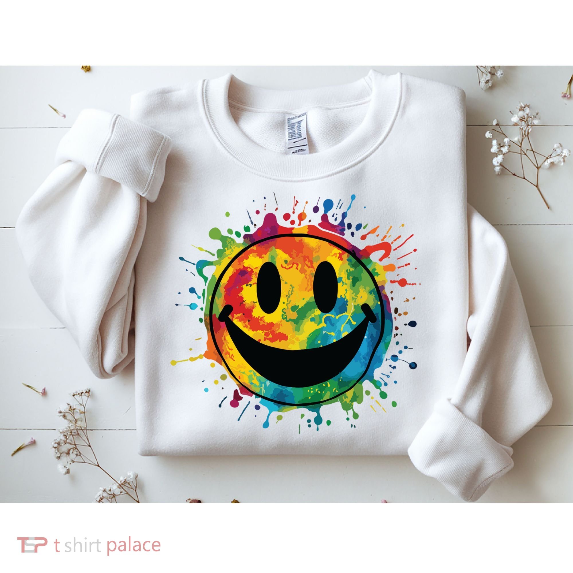 Retro Happy Face Rainbow Tiedye Splatter 70s Peace Smile Sweatshirt