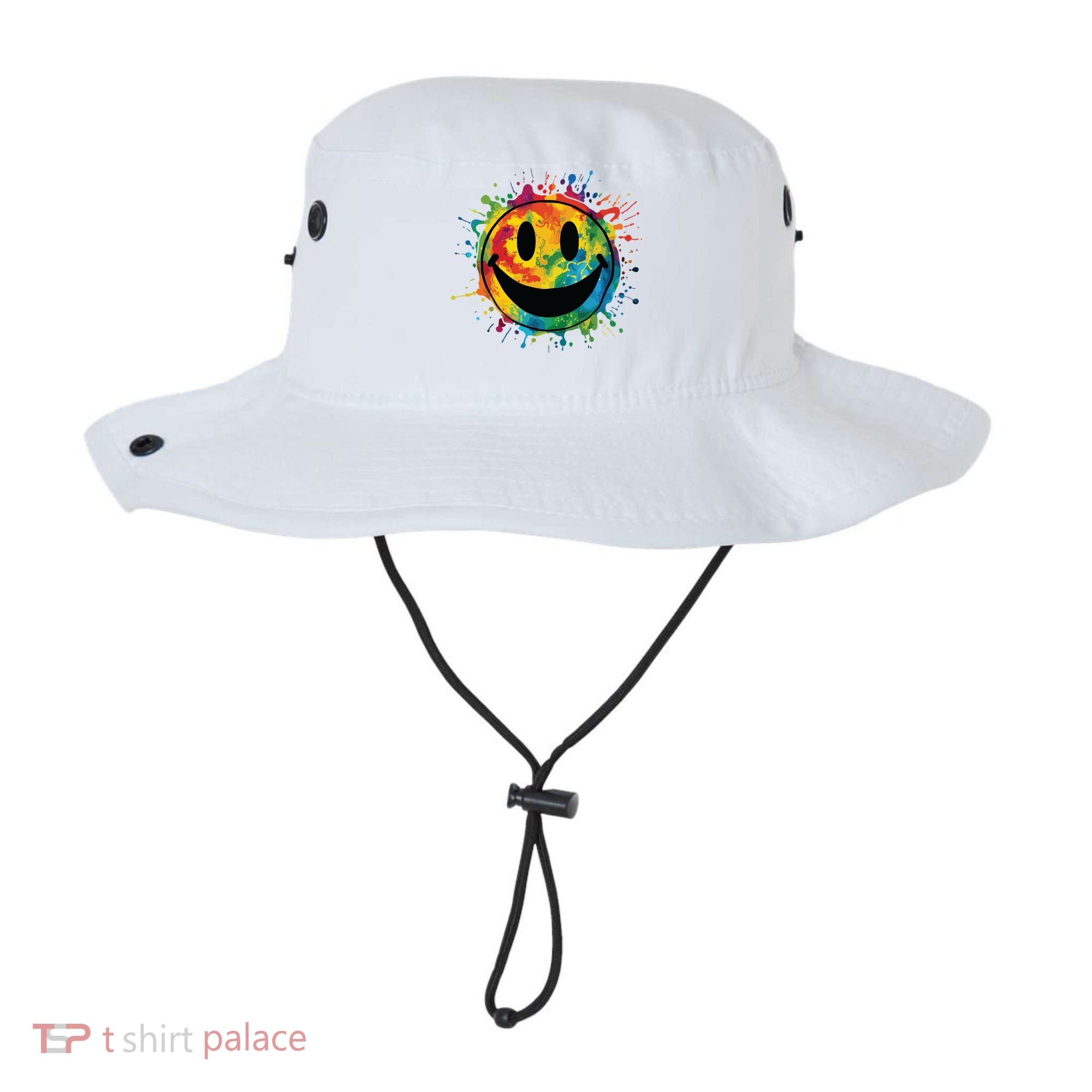 Retro Happy Face Rainbow Tiedye Splatter 70s Peace Smile Bucket Hat