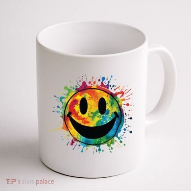 Retro Happy Face Rainbow Tiedye Splatter 70s Peace Smile Coffee Mug back