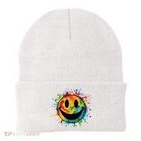 Retro Happy Face Rainbow Tiedye Splatter 70s Peace Smile Beanie thumb 0