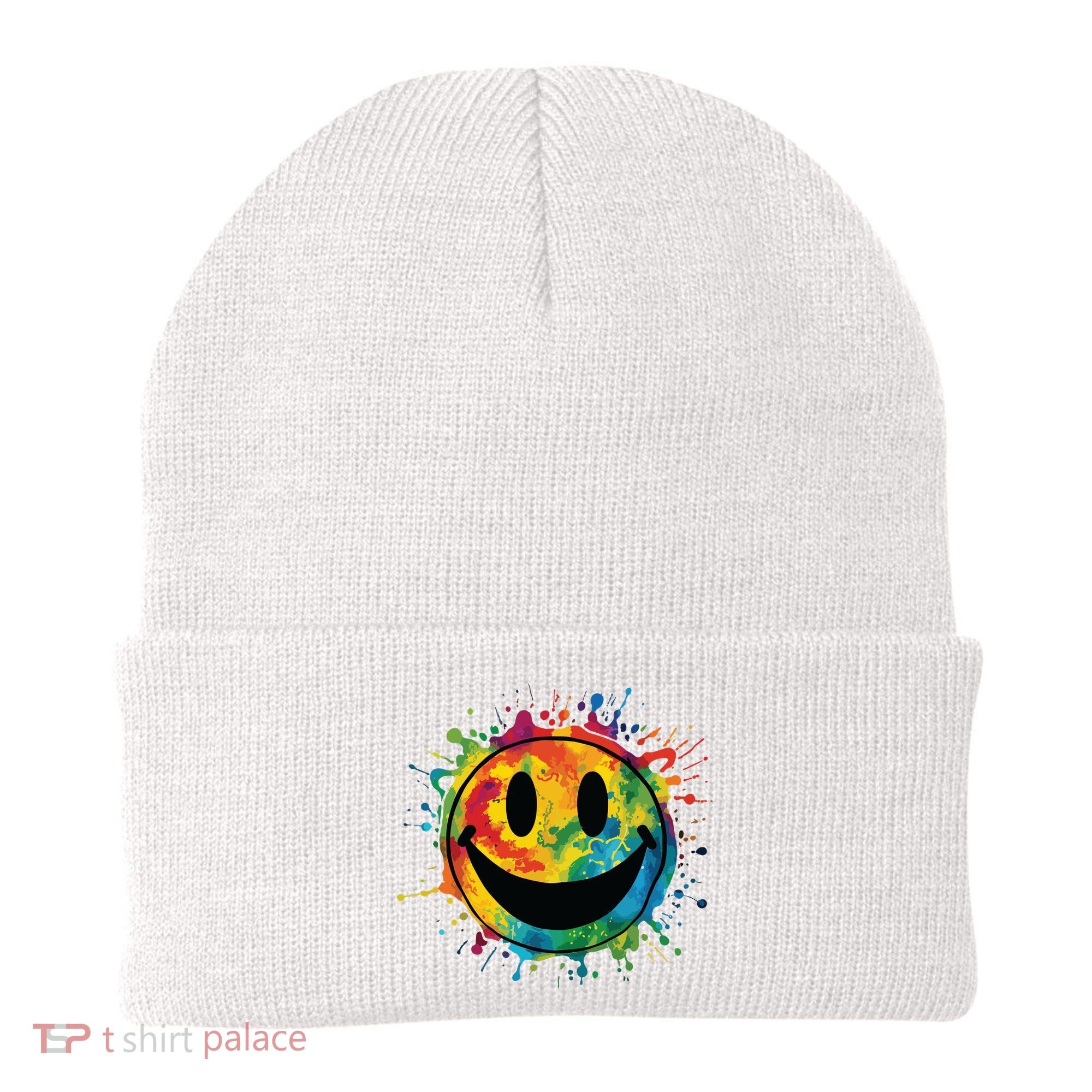 Retro Happy Face Rainbow Tiedye Splatter 70s Peace Smile Beanie