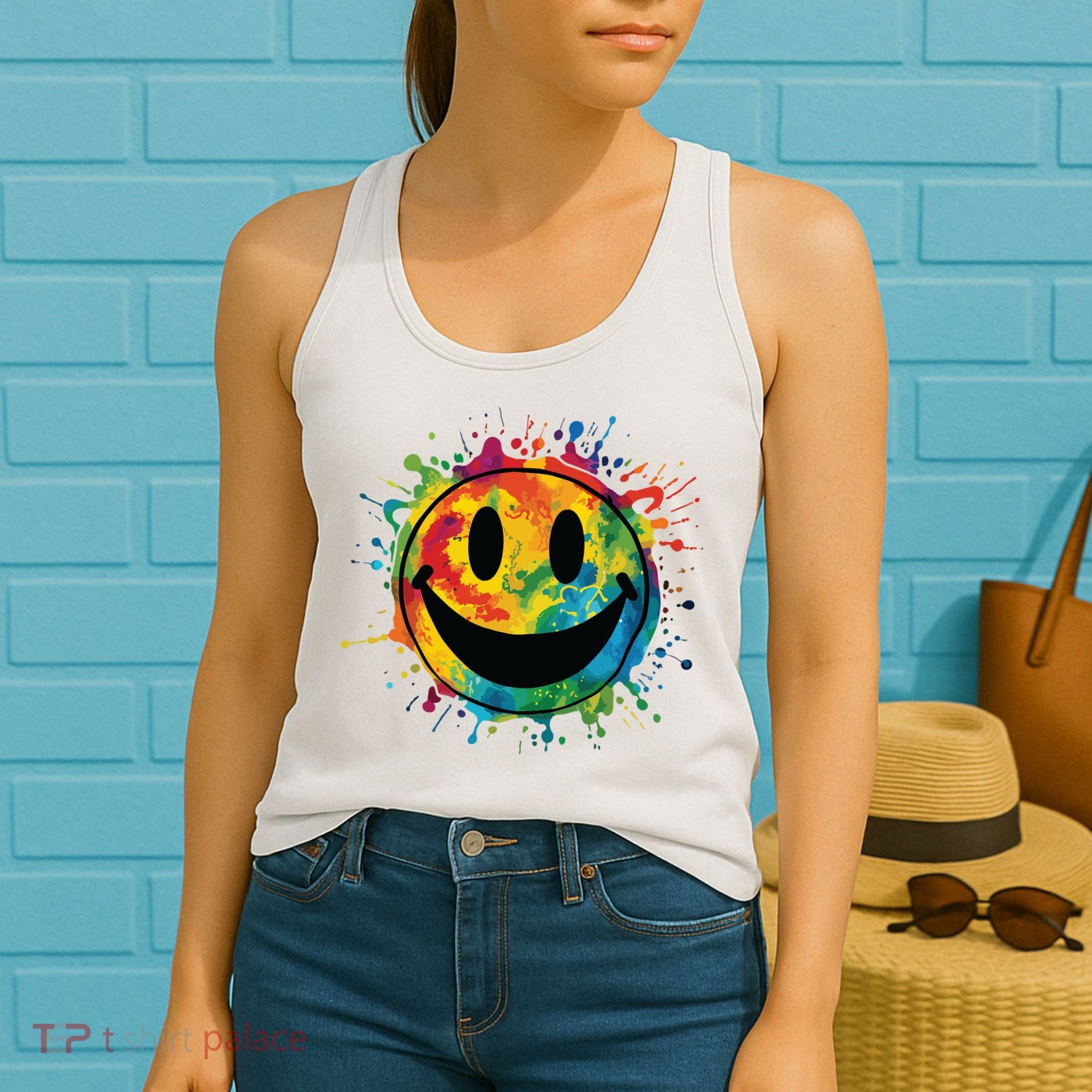 Retro Happy Face Rainbow Tiedye Splatter 70s Peace Smile Women's Tank Top