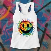 Retro Happy Face Rainbow Tiedye Splatter 70s Peace Smile Women's Tank Top thumb 3